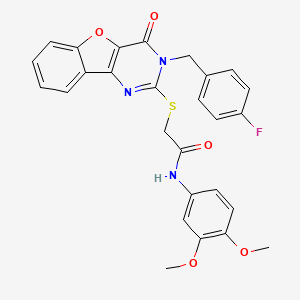 molecular formula C27H22FN3O5S B2825966 N-(3,4-dimethoxyphenyl)-2-((3-(4-fluorobenzyl)-4-oxo-3,4-dihydrobenzofuro[3,2-d]pyrimidin-2-yl)thio)acetamide CAS No. 892281-23-1