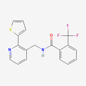 molecular formula C18H13F3N2OS B2826000 N-((2-(thiophen-2-yl)pyridin-3-yl)methyl)-2-(trifluoromethyl)benzamide CAS No. 2034433-71-9