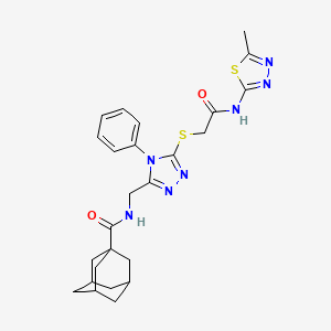 molecular formula C25H29N7O2S2 B2826002 N-[[5-[2-[(5-甲基-1,3,4-噻二唑-2-基)氨基]-2-氧代乙基]硫基-4-苯基-1,2,4-三唑-3-基]甲基]孔雀石-1-甲酰胺 CAS No. 476452-40-1