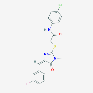 molecular formula C19H15ClFN3O2S B282603 N-(4-chlorophenyl)-2-{[4-(3-fluorobenzylidene)-1-methyl-5-oxo-4,5-dihydro-1H-imidazol-2-yl]sulfanyl}acetamide 