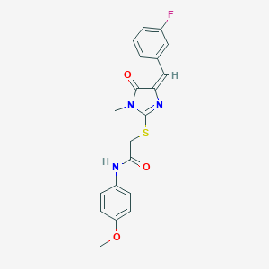molecular formula C20H18FN3O3S B282604 2-{[4-(3-fluorobenzylidene)-1-methyl-5-oxo-4,5-dihydro-1H-imidazol-2-yl]sulfanyl}-N-(4-methoxyphenyl)acetamide 