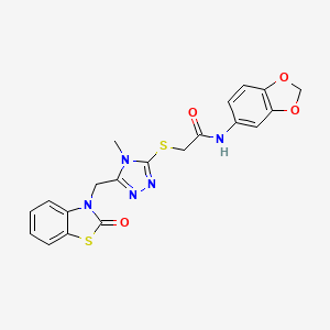 molecular formula C20H17N5O4S2 B2826205 N-(1,3-benzodioxol-5-yl)-2-[[4-methyl-5-[(2-oxo-1,3-benzothiazol-3-yl)methyl]-1,2,4-triazol-3-yl]sulfanyl]acetamide CAS No. 847400-46-8