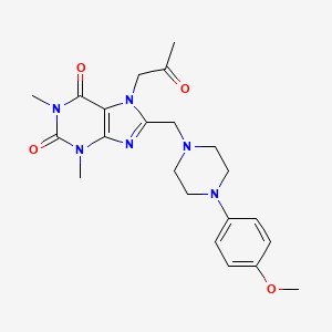 molecular formula C22H28N6O4 B2826238 8-[[4-(4-Methoxyphenyl)piperazin-1-yl]methyl]-1,3-dimethyl-7-(2-oxopropyl)purine-2,6-dione CAS No. 838901-00-1