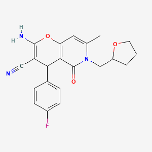 molecular formula C21H20FN3O3 B2826264 2-氨基-4-(4-氟苯基)-7-甲基-5-氧代-6-((四氢呋喃-2-基)甲基)-5,6-二氢-4H-吡喃[3,2-c]吡啶-3-碳腈 CAS No. 638139-16-9