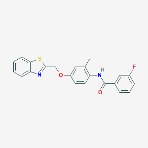 molecular formula C22H17FN2O2S B282627 N-[4-(1,3-benzothiazol-2-ylmethoxy)-2-methylphenyl]-3-fluorobenzamide 