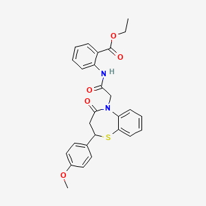 molecular formula C27H26N2O5S B2826317 ethyl 2-(2-(2-(4-methoxyphenyl)-4-oxo-3,4-dihydrobenzo[b][1,4]thiazepin-5(2H)-yl)acetamido)benzoate CAS No. 847486-76-4