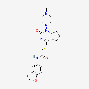 molecular formula C21H25N5O4S B2826318 N-(苯并[d][1,3]二噁杂环-5-基)-2-((1-(4-甲基哌嗪-1-基)-2-氧代-2,5,6,7-四氢-1H-环戊[d]嘧啶-4-基)硫)乙酰胺 CAS No. 899951-33-8