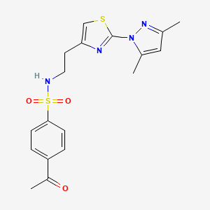 molecular formula C18H20N4O3S2 B2826369 4-乙酰基-N-(2-(2-(3,5-二甲基-1H-嘧唑-1-基)噻唑-4-基)乙基)苯磺酰胺 CAS No. 1421516-41-7