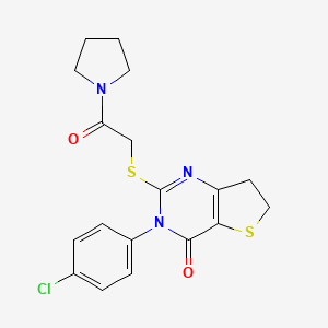 molecular formula C18H18ClN3O2S2 B2826381 3-(4-chlorophenyl)-2-((2-oxo-2-(pyrrolidin-1-yl)ethyl)thio)-6,7-dihydrothieno[3,2-d]pyrimidin-4(3H)-one CAS No. 687562-98-7