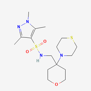 molecular formula C16H28N4O3S2 B2826392 1,3,5-Trimethyl-N-[(4-thiomorpholin-4-yloxan-4-yl)methyl]pyrazole-4-sulfonamide CAS No. 2415522-93-7