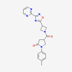 molecular formula C21H20N6O3 B2826394 4-(3-(3-(Pyrimidin-2-yl)-1,2,4-oxadiazol-5-yl)azetidine-1-carbonyl)-1-(p-tolyl)pyrrolidin-2-one CAS No. 1323775-60-5