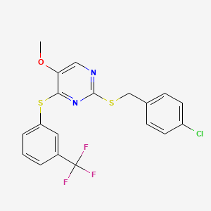 molecular formula C19H14ClF3N2OS2 B2826410 2-[(4-Chlorobenzyl)sulfanyl]-4-{[3-(trifluoromethyl)phenyl]sulfanyl}-5-pyrimidinyl methyl ether CAS No. 338423-13-5