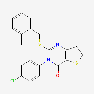 molecular formula C20H17ClN2OS2 B2826423 3-(4-Chlorophenyl)-2-[(2-methylphenyl)methylsulfanyl]-6,7-dihydrothieno[3,2-d]pyrimidin-4-one CAS No. 687564-68-7