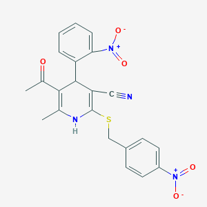 molecular formula C22H18N4O5S B2826434 5-乙酰-6-甲基-2-[(4-硝基苯甲基)硫基]-4-(2-硝基苯基)-1,4-二氢吡啶-3-碳腈 CAS No. 299200-86-5