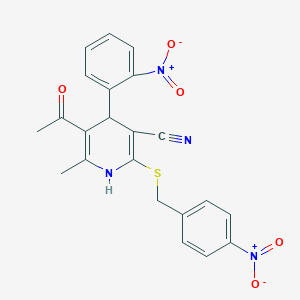 molecular formula C22H18N4O5S B2826434 5-Acetyl-6-methyl-2-[(4-nitrobenzyl)sulfanyl]-4-(2-nitrophenyl)-1,4-dihydropyridine-3-carbonitrile CAS No. 299200-86-5