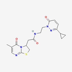 molecular formula C18H21N5O3S B2826461 N-(2-(3-cyclopropyl-6-oxopyridazin-1(6H)-yl)ethyl)-2-(6-methyl-5-oxo-3,5-dihydro-2H-thiazolo[3,2-a]pyrimidin-3-yl)acetamide CAS No. 2034431-04-2