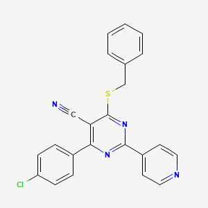 molecular formula C23H15ClN4S B2826485 4-(Benzylsulfanyl)-6-(4-chlorophenyl)-2-(4-pyridinyl)-5-pyrimidinecarbonitrile CAS No. 320418-10-8