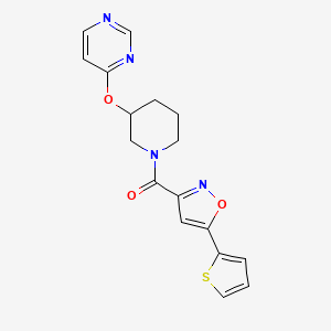 molecular formula C17H16N4O3S B2826613 (3-(Pyrimidin-4-yloxy)piperidin-1-yl)(5-(thiophen-2-yl)isoxazol-3-yl)methanone CAS No. 2034524-08-6