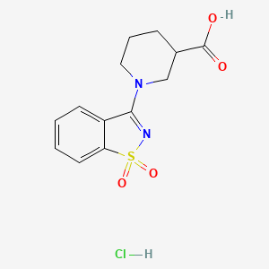 molecular formula C13H15ClN2O4S B2826637 1-(1,1-Dioxo-1,2-benzothiazol-3-yl)piperidine-3-carboxylic acid;hydrochloride CAS No. 2228575-23-1