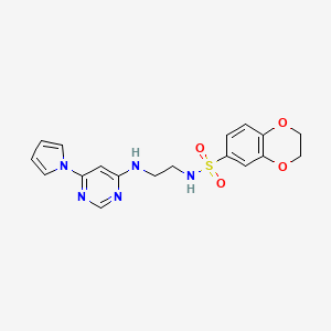 molecular formula C18H19N5O4S B2826642 N-(2-((6-(1H-pyrrol-1-yl)pyrimidin-4-yl)amino)ethyl)-2,3-dihydrobenzo[b][1,4]dioxine-6-sulfonamide CAS No. 1421449-17-3