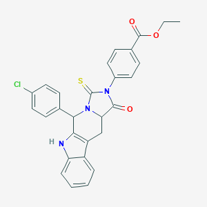 molecular formula C28H22ClN3O3S B282667 ethyl 4-(5-(4-chlorophenyl)-1-oxo-3-thioxo-5,6,11,11a-tetrahydro-1H-imidazo[5',1':6,1]pyrido[3,4-b]indol-2(3H)-yl)benzoate 