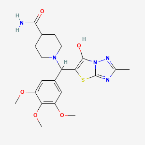 molecular formula C21H27N5O5S B2826703 1-((6-Hydroxy-2-methylthiazolo[3,2-b][1,2,4]triazol-5-yl)(3,4,5-trimethoxyphenyl)methyl)piperidine-4-carboxamide CAS No. 851969-77-2