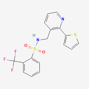molecular formula C17H13F3N2O2S2 B2826707 N-((2-(thiophen-2-yl)pyridin-3-yl)methyl)-2-(trifluoromethyl)benzenesulfonamide CAS No. 2034246-36-9