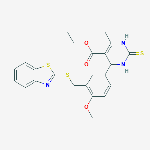 molecular formula C23H23N3O3S3 B282671 Ethyl 4-{3-[(1,3-benzothiazol-2-ylsulfanyl)methyl]-4-methoxyphenyl}-6-methyl-2-thioxo-1,2,3,4-tetrahydro-5-pyrimidinecarboxylate 