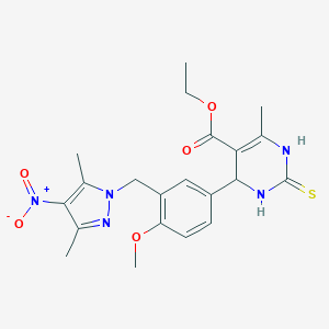molecular formula C21H25N5O5S B282672 ethyl 4-[3-({4-nitro-3,5-dimethyl-1H-pyrazol-1-yl}methyl)-4-methoxyphenyl]-6-methyl-2-thioxo-1,2,3,4-tetrahydro-5-pyrimidinecarboxylate 