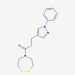 molecular formula C16H19N3OS2 B2826726 1-(1,2,5-Dithiazepan-5-yl)-3-(1-phenylpyrazol-4-yl)propan-1-one CAS No. 2176267-37-9