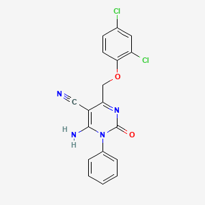 molecular formula C18H12Cl2N4O2 B2826739 6-Amino-4-[(2,4-dichlorophenoxy)methyl]-2-oxo-1-phenyl-1,2-dihydro-5-pyrimidinecarbonitrile CAS No. 338418-69-2