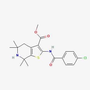 molecular formula C20H23ClN2O3S B2826756 Methyl 2-[(4-chlorobenzoyl)amino]-5,5,7,7-tetramethyl-4,6-dihydrothieno[2,3-c]pyridine-3-carboxylate CAS No. 887901-27-1