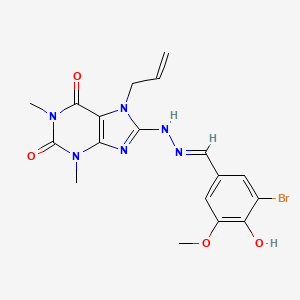 molecular formula C18H19BrN6O4 B2826781 (E)-7-烯丙基-8-(2-(3-溴-4-羟基-5-甲氧基苯甲亚甲基)肼基)-1,3-二甲基-1H-嘧啶-2,6(3H,7H)-二酮 CAS No. 398997-50-7