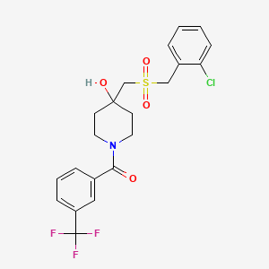 molecular formula C21H21ClF3NO4S B2826839 (4-{[(2-Chlorobenzyl)sulfonyl]methyl}-4-hydroxypiperidino)[3-(trifluoromethyl)phenyl]methanone CAS No. 866019-53-6