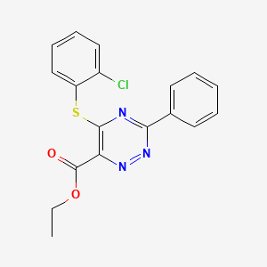 molecular formula C18H14ClN3O2S B2826851 Ethyl 5-[(2-chlorophenyl)sulfanyl]-3-phenyl-1,2,4-triazine-6-carboxylate CAS No. 338957-31-6