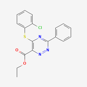 molecular formula C18H14ClN3O2S B2826851 乙酸-5-[(2-氯苯基)硫代]-3-苯基-1,2,4-三嗪-6-羧酸酯 CAS No. 338957-31-6