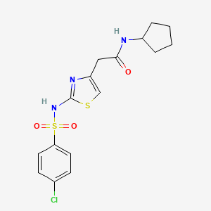 molecular formula C16H18ClN3O3S2 B2826857 2-(2-(4-chlorophenylsulfonamido)thiazol-4-yl)-N-cyclopentylacetamide CAS No. 921925-52-2