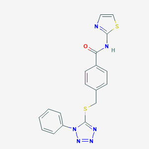 molecular formula C18H14N6OS2 B282690 4-{[(1-phenyl-1H-tetrazol-5-yl)thio]methyl}-N-1,3-thiazol-2-ylbenzamide 