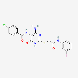 molecular formula C19H15ClFN5O3S B2826920 N-(4-amino-2-((2-((3-fluorophenyl)amino)-2-oxoethyl)thio)-6-oxo-1,6-dihydropyrimidin-5-yl)-4-chlorobenzamide CAS No. 888432-96-0