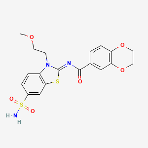 molecular formula C19H19N3O6S2 B2826955 N-[(2Z)-6-(aminosulfonyl)-3-(2-methoxyethyl)-1,3-benzothiazol-2(3H)-ylidene]-2,3-dihydro-1,4-benzodioxine-6-carboxamide CAS No. 865160-32-3