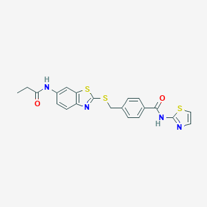 molecular formula C21H18N4O2S3 B282698 4-({[6-(propanoylamino)-1,3-benzothiazol-2-yl]sulfanyl}methyl)-N-(1,3-thiazol-2-yl)benzamide 