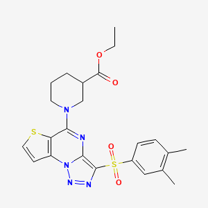molecular formula C23H25N5O4S2 B2827069 Ethyl 1-(3-((3,4-dimethylphenyl)sulfonyl)thieno[2,3-e][1,2,3]triazolo[1,5-a]pyrimidin-5-yl)piperidine-3-carboxylate CAS No. 892735-57-8