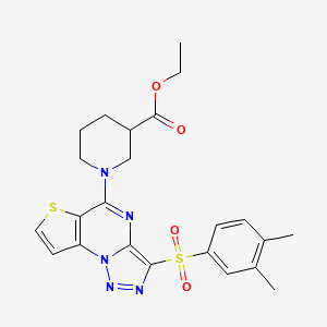 molecular formula C23H25N5O4S2 B2827069 乙酸 1-(3-((3,4-二甲基苯基)磺酰基)噻吩[2,3-e][1,2,3]三唑并[1,5-a]嘧啶-5-基)哌啶-3-羧酸酯 CAS No. 892735-57-8