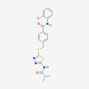 molecular formula C20H19FN4O2S2 B282715 N-(2-fluorophenyl)-4-[({5-[(2-methylpropanoyl)amino]-1,3,4-thiadiazol-2-yl}sulfanyl)methyl]benzamide 