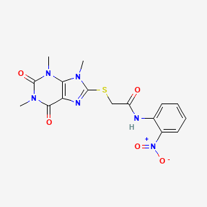 molecular formula C16H16N6O5S B2827166 N-(2-nitrophenyl)-2-((1,3,9-trimethyl-2,6-dioxo-2,3,6,9-tetrahydro-1H-purin-8-yl)thio)acetamide CAS No. 897453-77-9