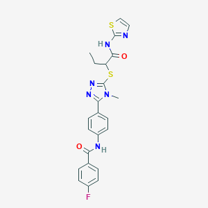 molecular formula C23H21FN6O2S2 B282725 4-fluoro-N-[4-(4-methyl-5-{[1-oxo-1-(1,3-thiazol-2-ylamino)butan-2-yl]sulfanyl}-4H-1,2,4-triazol-3-yl)phenyl]benzamide 