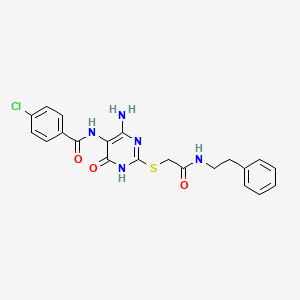 molecular formula C21H20ClN5O3S B2827288 N-(4-amino-6-oxo-2-((2-oxo-2-(phenethylamino)ethyl)thio)-1,6-dihydropyrimidin-5-yl)-4-chlorobenzamide CAS No. 872597-65-4