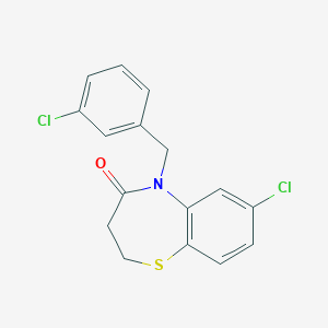 molecular formula C16H13Cl2NOS B2827306 7-chloro-5-(3-chlorobenzyl)-2,3-dihydro-1,5-benzothiazepin-4(5H)-one CAS No. 341968-09-0