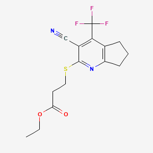 molecular formula C15H15F3N2O2S B2827312 ethyl 3-{[3-cyano-4-(trifluoromethyl)-6,7-dihydro-5H-cyclopenta[b]pyridin-2-yl]thio}propanoate CAS No. 626227-09-6