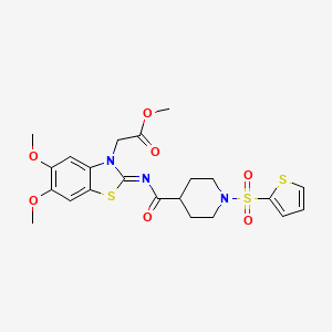molecular formula C22H25N3O7S3 B2827386 (E)-甲酸2-(5,6-二甲氧基-2-((1-(噻吩-2-基磺酰)哌啶-4-羰基)亚胺)苯并[d]噻唑-3(2H)-基)乙酯 CAS No. 942002-35-9